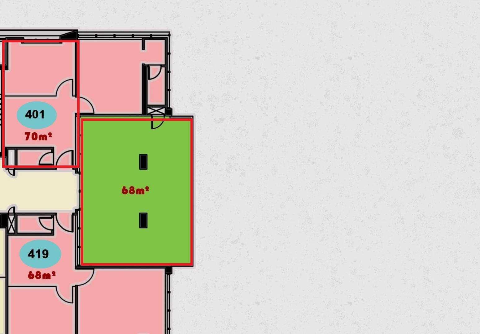 وحدة 401 – الدور الرابع في ONE MALL: تصميم كافيه أو مطعم صورة توضح مخطط وتصميم وحدة 401 المخصصة لكافيه أو مطعم في الدور الرابع داخل ONE MALL