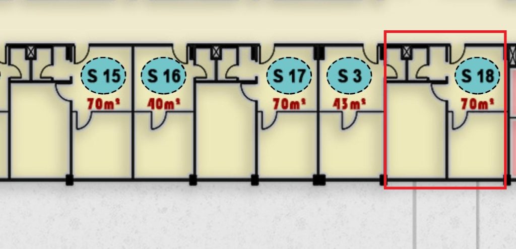 مخطط يوضح تصميم وحدة S18 الطبية في الدور الثاني بمجمع ONE MALL