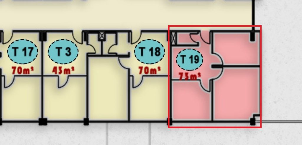 مخطط يوضح وحدة T19 في الدور الثالث بمجمع ONE MALL مخصصة لكافيه أو مطعم